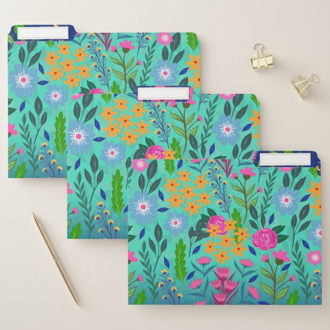 Blue Mint Gradient Garden Flowers Pretty Design File Folder (Set)
