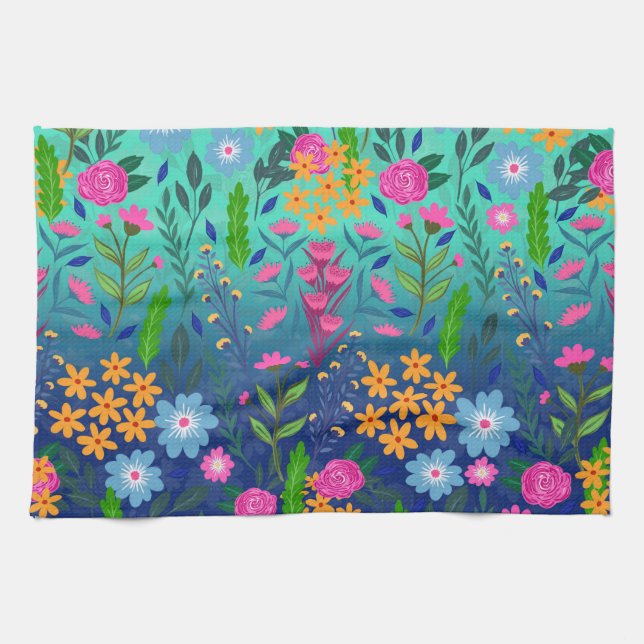 Blue Mint Gradient Garden Flowers Pretty Design Kitchen Towel (Horizontal)