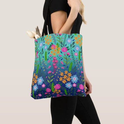 Blue Mint Gradient Garden Flowers Pretty Design Tote Bag