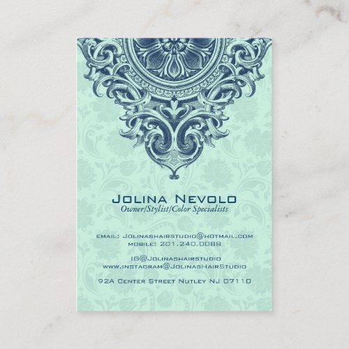 Blue  Mint_Green Vintage Floral Ornament 2 Business Card