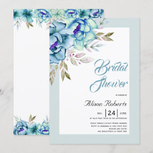 Blue, mint green watercolor flowers bridal shower invitation
