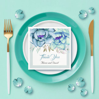 Blue, mint green watercolor flowers floral wedding napkins