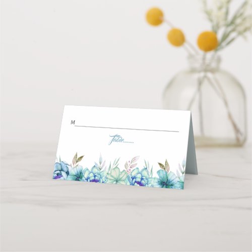 Blue mint green watercolor flowers floral wedding place card