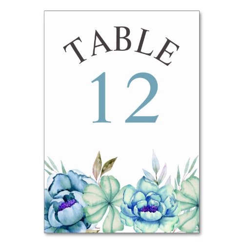 Blue mint green watercolor flowers floral wedding table number