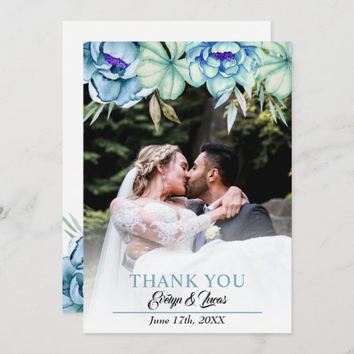 Blue mint green watercolor flowers floral wedding thank you card