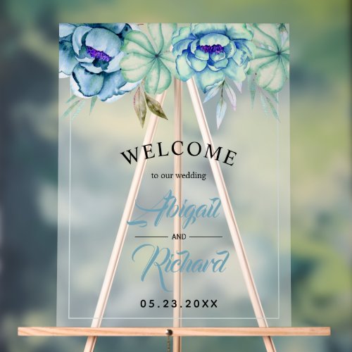 Blue mint green watercolor flowers frosted WELCOME Acrylic Sign