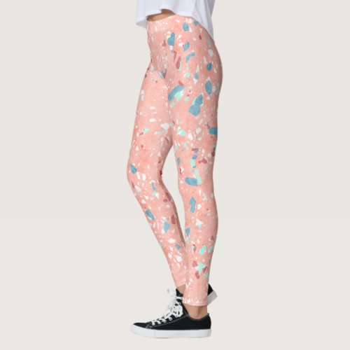 Blue Mint Green White Coral Red Pink Terrazzo Art Leggings