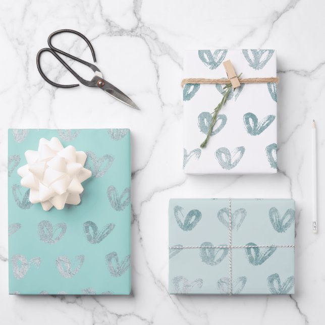 Blue Mint Hearts Wrapping Paper Sheets (Front)