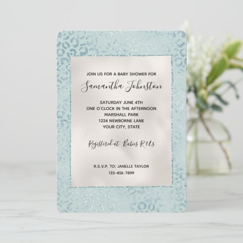 Blue Mint Leopard Print Glitter Invitation