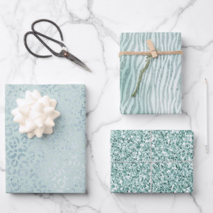 Blue Mint Leopard Print Glitter Wrapping Paper Sheets