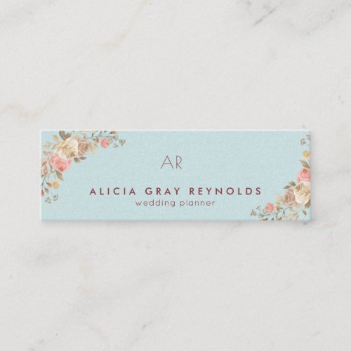 Blue Mint Monogram Chic Floral Wedding Planner Mini Business Card