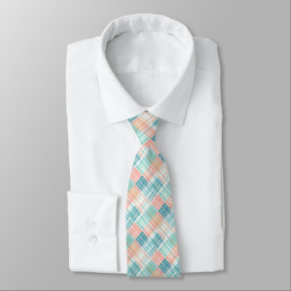 Blue, Mint, Peach & White Madras Plaid  Neck Tie