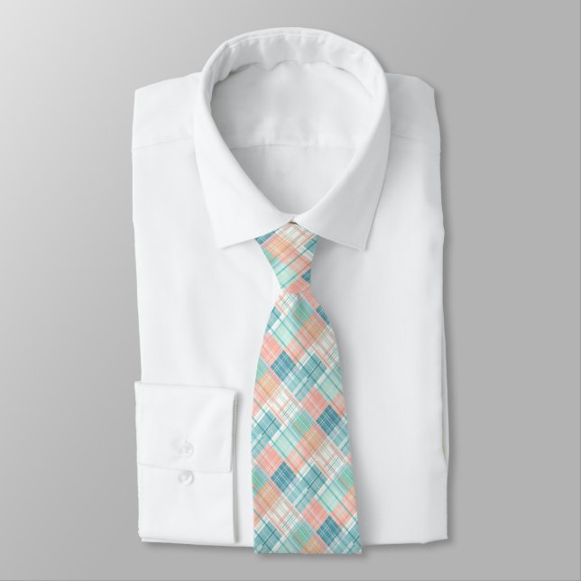 Blue, Mint, Peach & White Madras Plaid  Neck Tie (Tied)