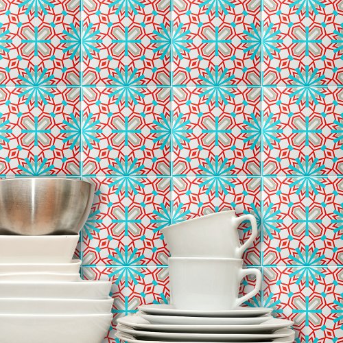 Blue Mint Red White Gray Mosaic Geometric Pattern Ceramic Tile