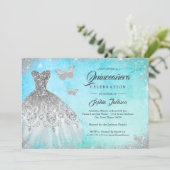 Blue Mint Sparkle Dress Butterfly Quinceanera Invi Invitation (Standing Front)