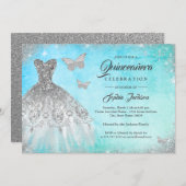 Blue Mint Sparkle Dress Butterfly Quinceanera Invi Invitation (Front/Back)