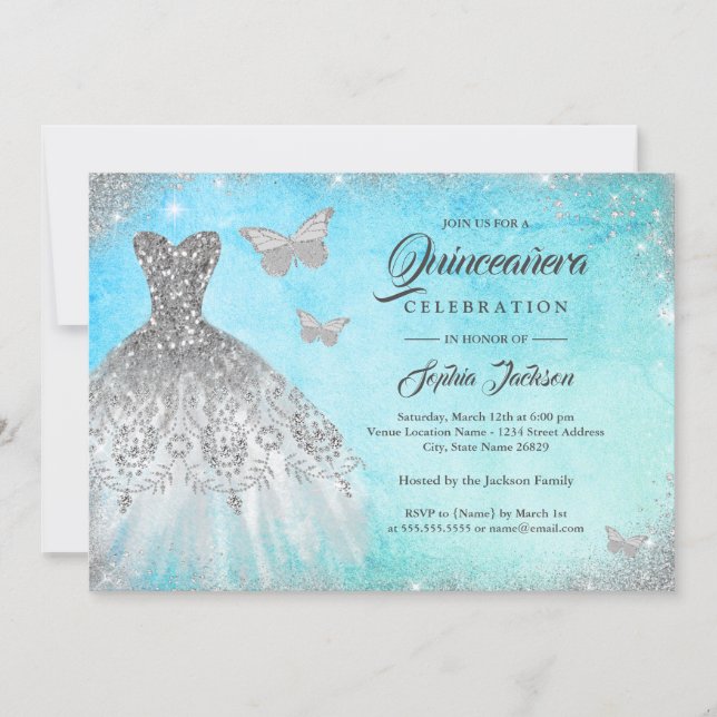 Blue Mint Sparkle Dress Butterfly Quinceanera Invi Invitation (Front)