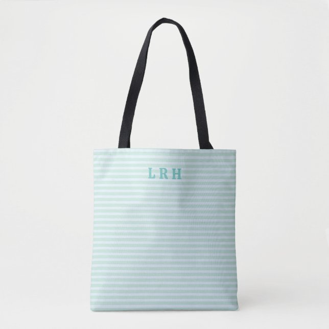 Blue Mint Stripe Classic Monogram Initials Tote Bag (Front)