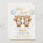 Blue Mint Teddy Bear Balloon Twin Boy Baby Shower Invitation (Front/Back)