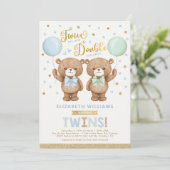 Blue Mint Teddy Bear Balloon Twin Boy Baby Shower Invitation (Standing Front)