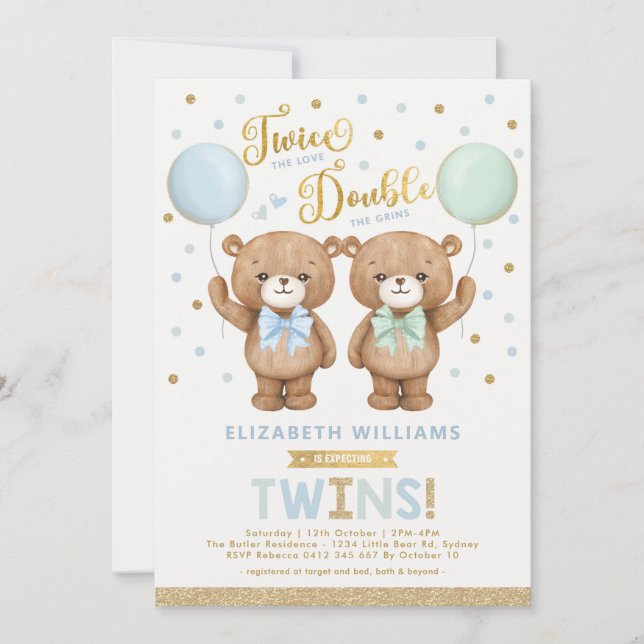 Blue Mint Teddy Bear Balloon Twin Boy Baby Shower Invitation (Front)