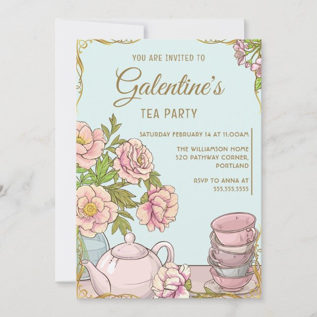 Blue Mint Vintage Floral Galentine's Day Tea Party Invitation (Front)