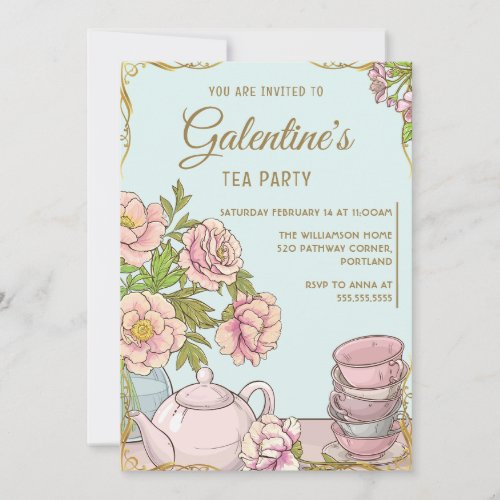 Blue Mint Vintage Floral Galentines Day Tea Party Invitation