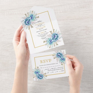 Blue, mint watercolor flowers gold wedding all in one invitation