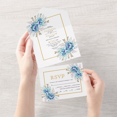 Blue mint watercolor flowers gold wedding all in one invitation