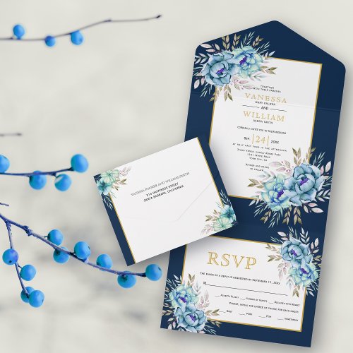 Blue mint watercolor flowers navy wedding all in one invitation