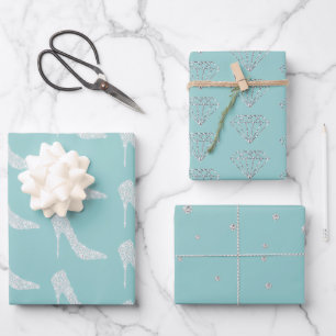 Blue Mint White Diamond High Heel Shoes Wedding Wrapping Paper Sheets