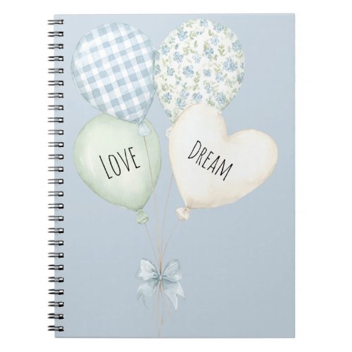 Blue Mint White Heart Love Dream Balloons Notebook
