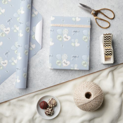 Blue Mint White Heart Love Dream Balloons Wrapping Paper