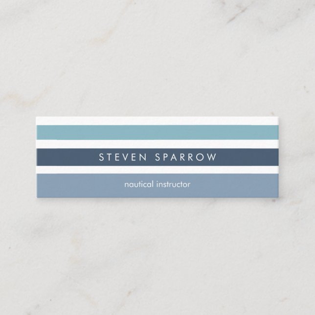 Blue mint white nautical stripes modern elegant mini business card (Front)