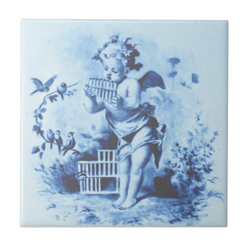 Blue Minton Cherub with Pan Pipes  Birds Repro Ceramic Tile