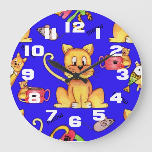 Blue Mischievous Meow Cats Large Clock