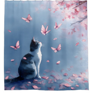 Blue Mist Cat with Pink Blossoms & Starry Speckles Shower Curtain