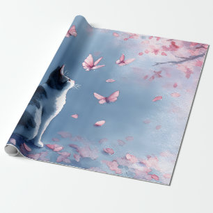 Blue Mist Cat with Pink Blossoms & Starry Speckles Wrapping Paper