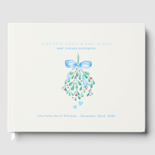 Blue Mistletoe Boy Baby Shower Guest Book (Front)
