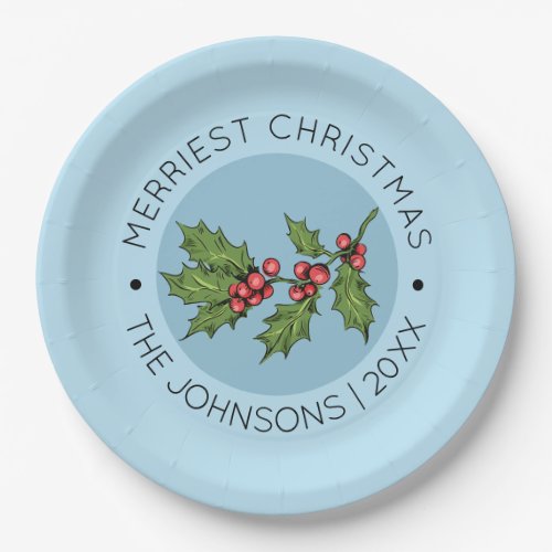 Blue Mistletoe Christmas Holiday Party Paper Plate