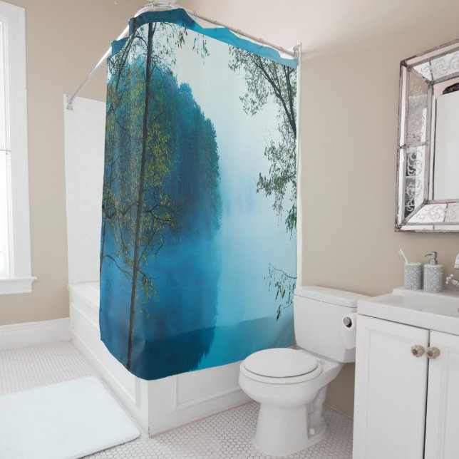 Blue Misty River Panoramic View Photo Shower Curtain (In Situ)