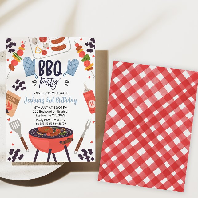 Blue Mitt Boys Bbq Birthday Invitation (Bbq birthday party invitation, Backyard Bbq Birthday Invitation, Gingham, blue mitt, Summer Party)