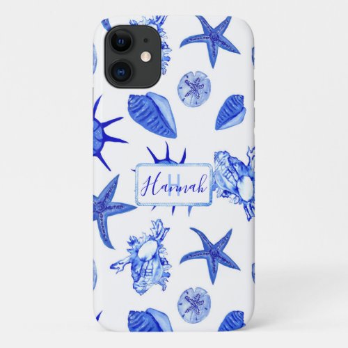 Blue mixed seashell pattern_custom monogram_name  iPhone 11 case