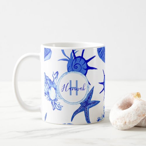 Blue mixed seashell pattern_custom monogram_name   coffee mug