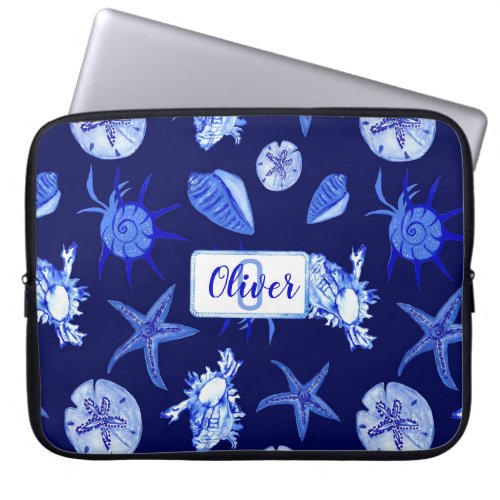 Blue mixed seashell pattern_custom monogram_name laptop sleeve