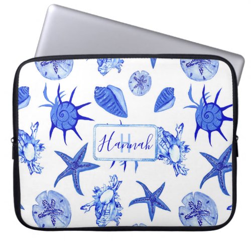 Blue mixed seashell pattern_custom monogram_name laptop sleeve