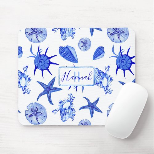 Blue mixed seashell pattern_custom monogram_name  mouse pad