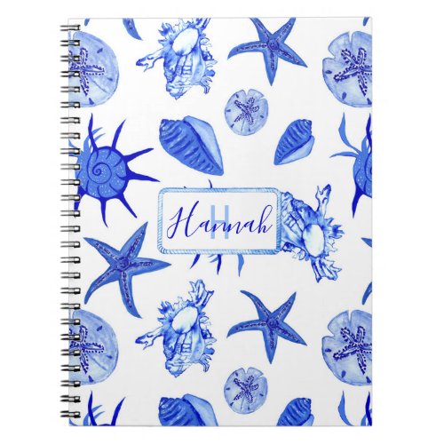 Blue mixed seashell pattern_custom monogram_name  notebook
