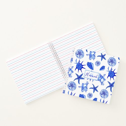 Blue mixed seashell pattern_custom monogram_name notebook