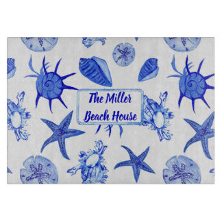 Blue mixed seashell pattern-custom name cutting board